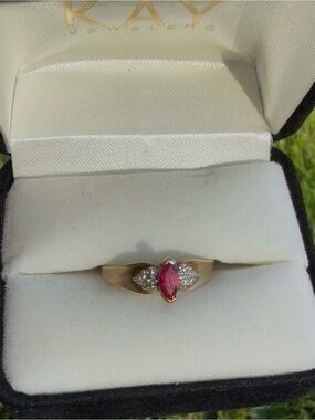 Kay Jewelers 10k Gold Ring with Marquise Red Ruby and Diamond Accents
